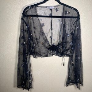 Sheer sparkly stars bell sleeve tied crop top